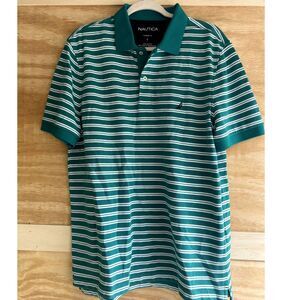 Nautica Polo Mens Size Large Green with White Stripes Classic Fit